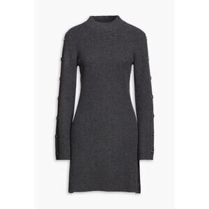 Sandro Paris Embellished Ribbed Wool & Cashmere Long Sleeve Gray Mini Dress US 2